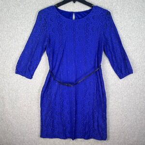 Women's Royal Blue Lace Dress M Belted 3/4 Sleeve Lined‎ Cocktail Party Sheath
